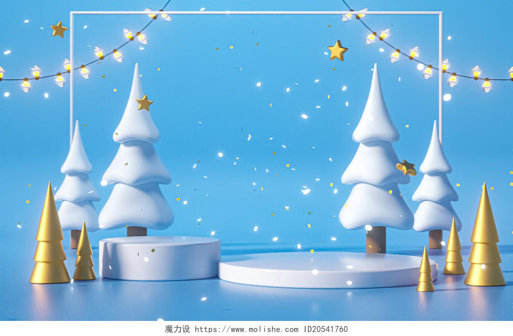 蓝色C4D冬季冬天电商展台圣诞节氛围3D立体插画背景大雪背景